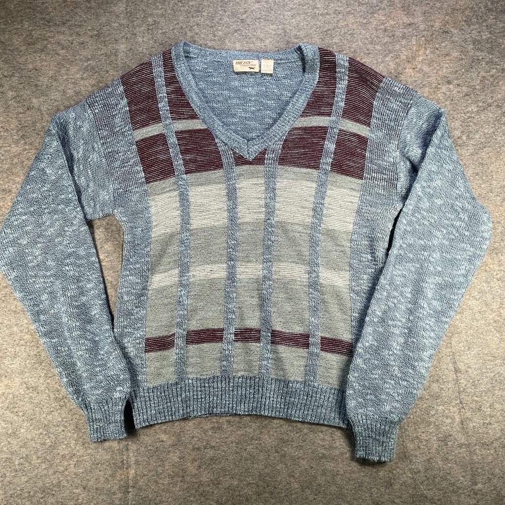 Fox Collection V Neck Sweater Mens Large Wool Blend Knit Dad Grandpa VTG